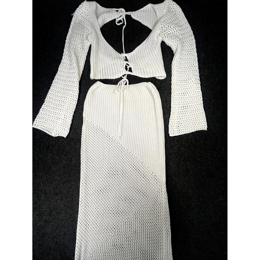 Womens 2 Piece Skirt Set Medium White Crochet Knit Boho Beach Cover Up Tie Back